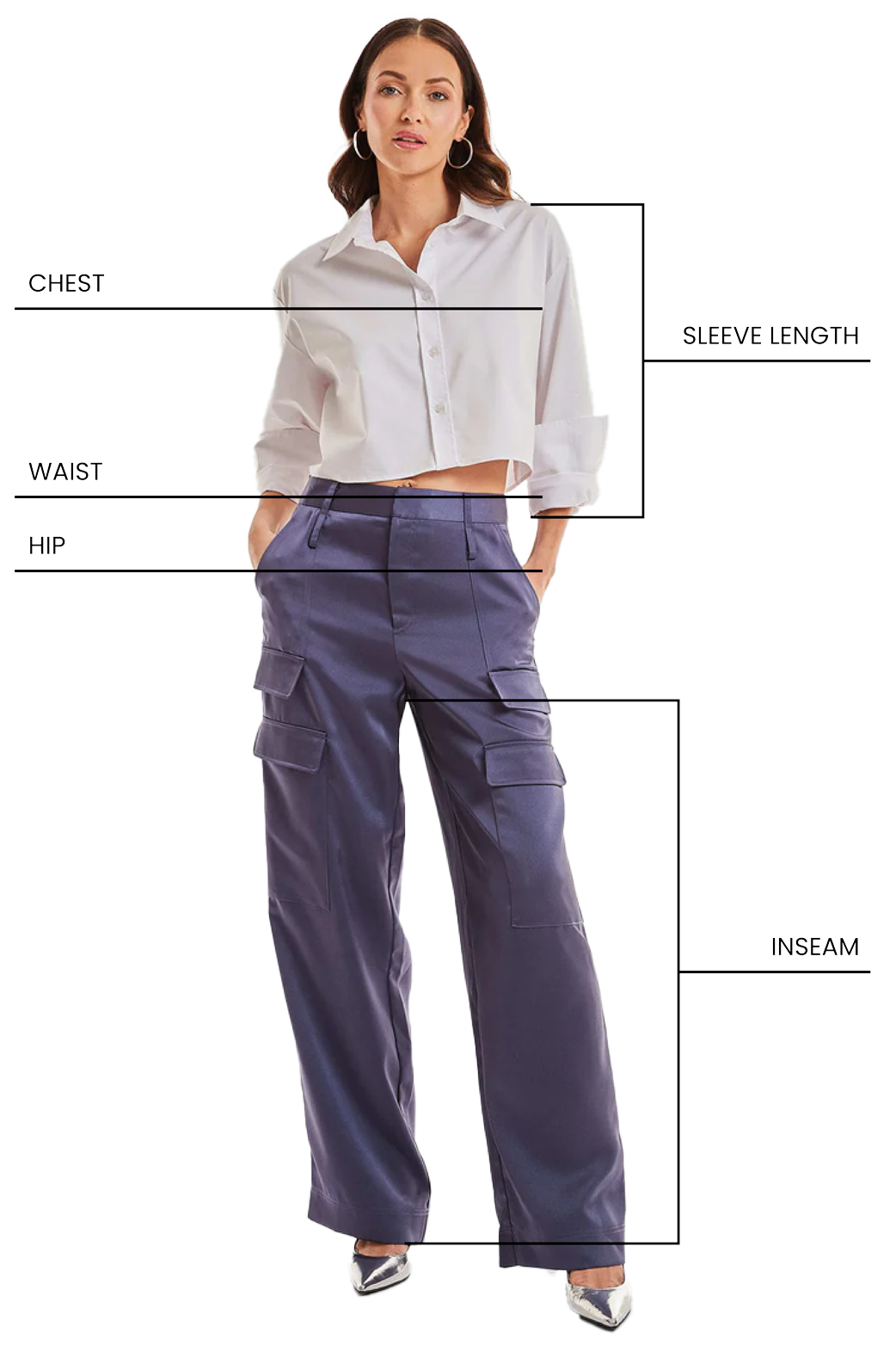 Woman modeling clothes with annotations indicating measurement points: chest, waist, hip, sleeve length, and inseam.