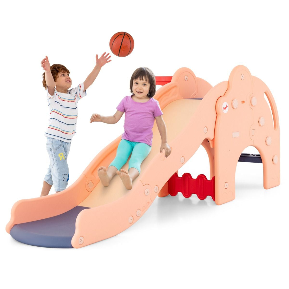 Slide infantil em formato de elefante, 4 em 1, com cesta e zona amortecedora de basquete, trilhos antiderrapantes para crianças, rosa/verde