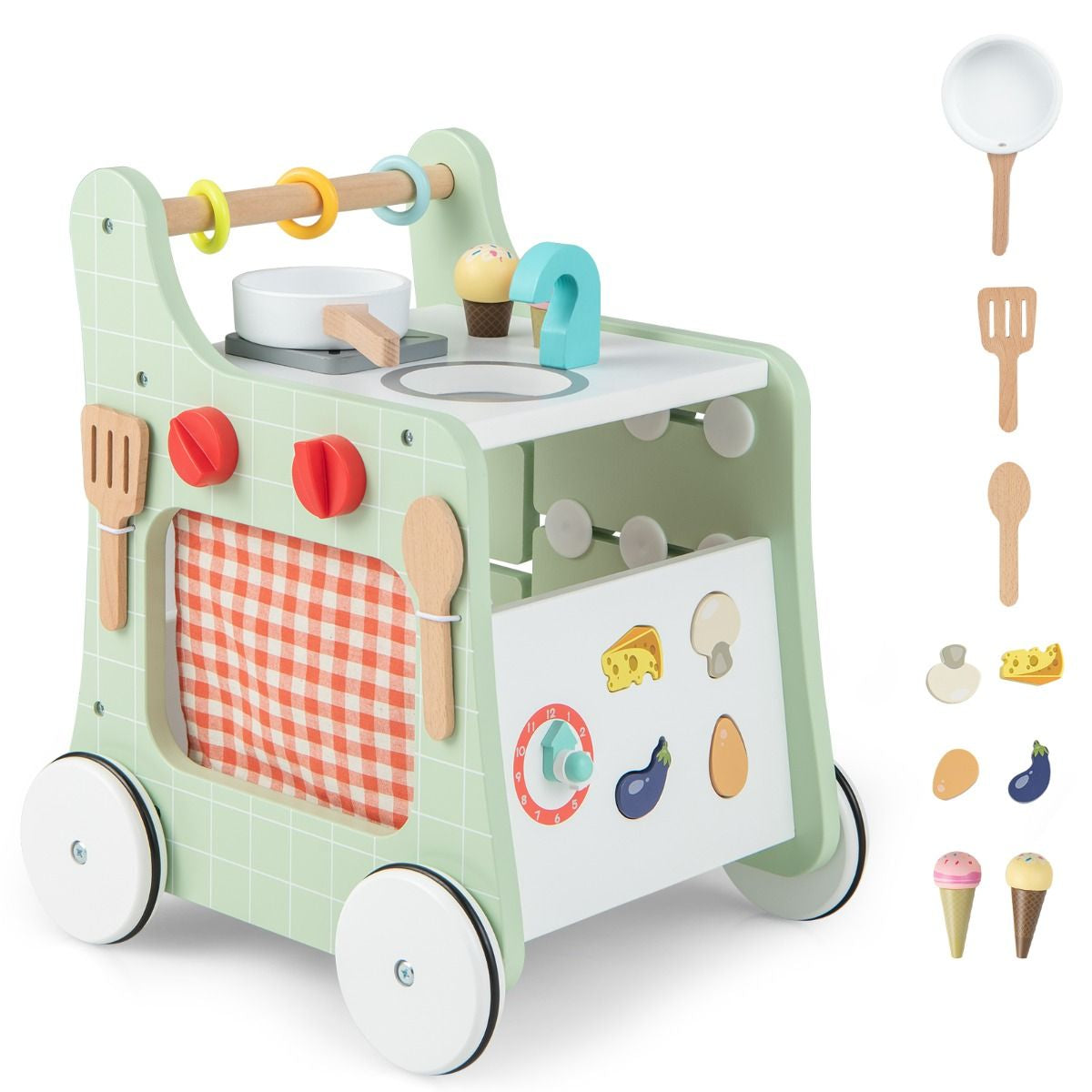 6 in 1 Wooden Baby Stroller Learning Activity Center Play Kitchen Educational Clock Movable and Matching Slider Green