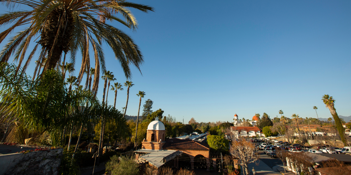 Sunset view of San Juan Capistrano's vibrant Los Rios Area, featuring a stunning landscape filled with palm trees that cast long shadows, creating a serene and picturesque ambiance