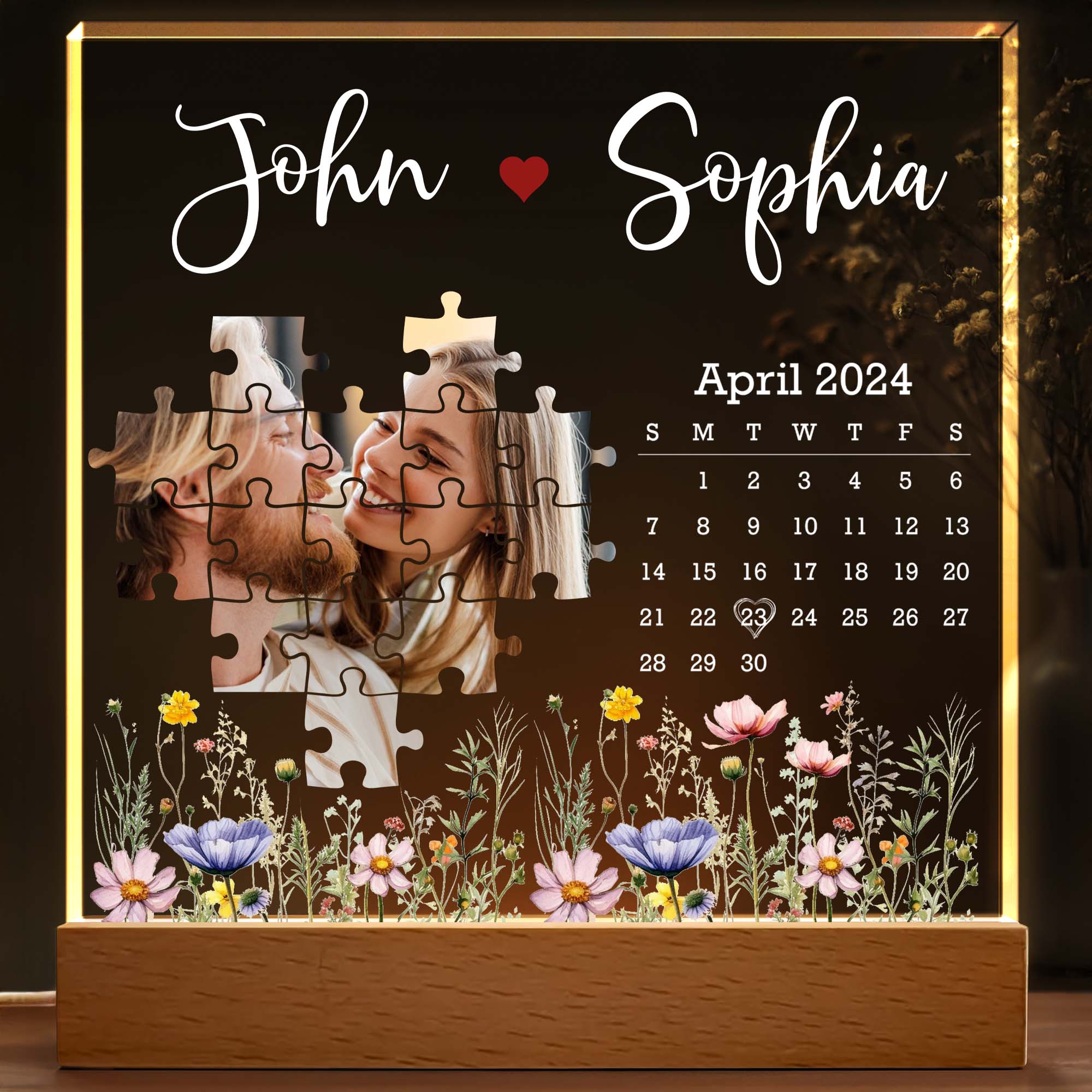 Customizable Puzzle Pieces And Flowers LED Night Light - Personalized LED Night Light With Wooden Base - CPL368_LEWO