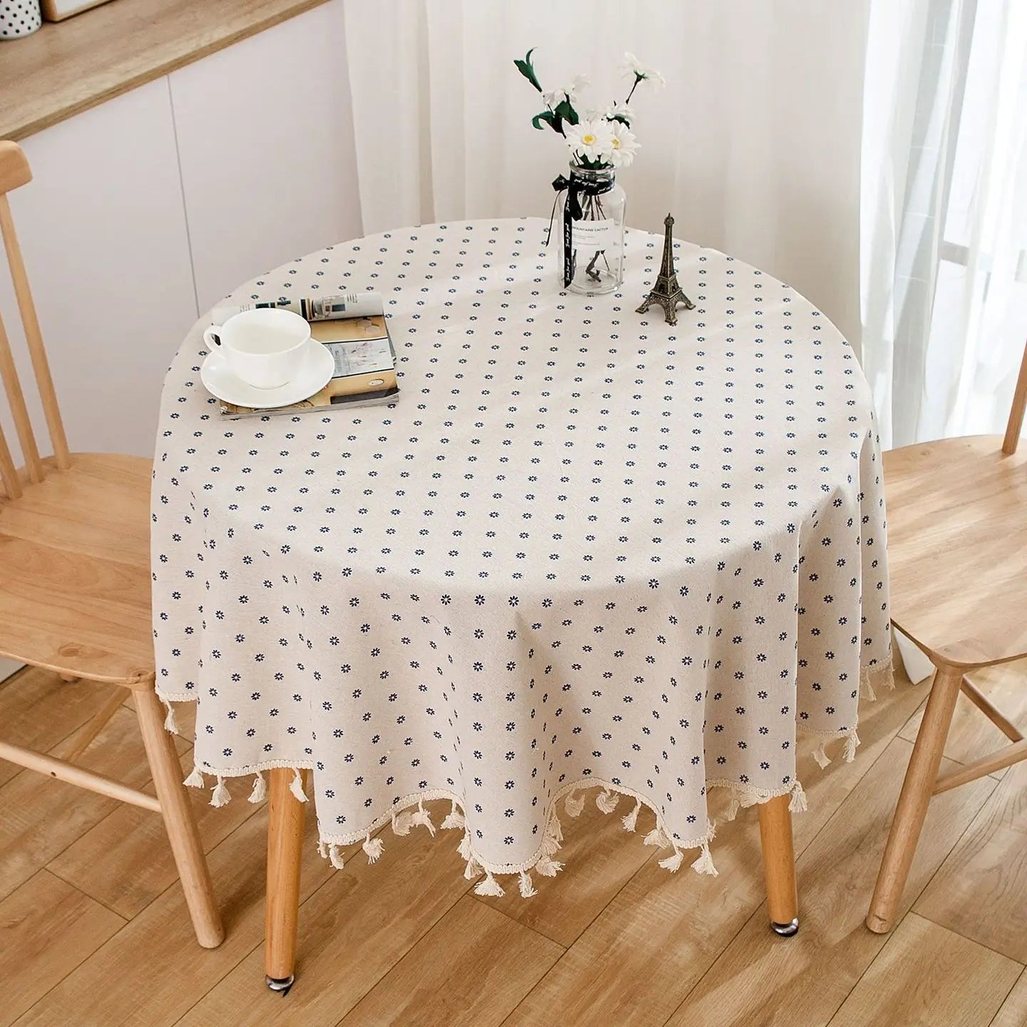 Cotton Linen Table Cloth Round Tablecloth with Tassel =