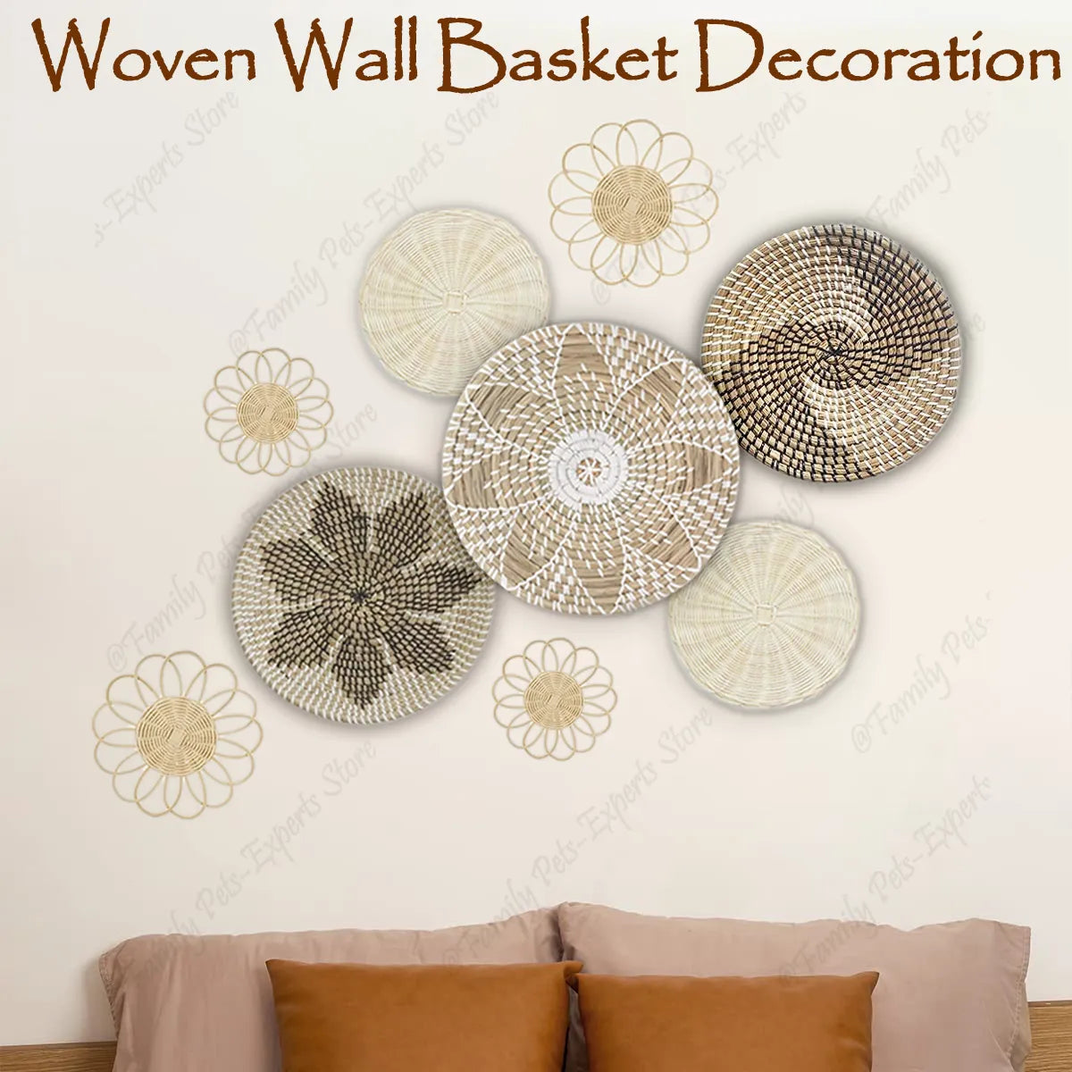 Set of 9/8 Woven Wall Basket Decoration Boho Round Rattan Wall Decoration