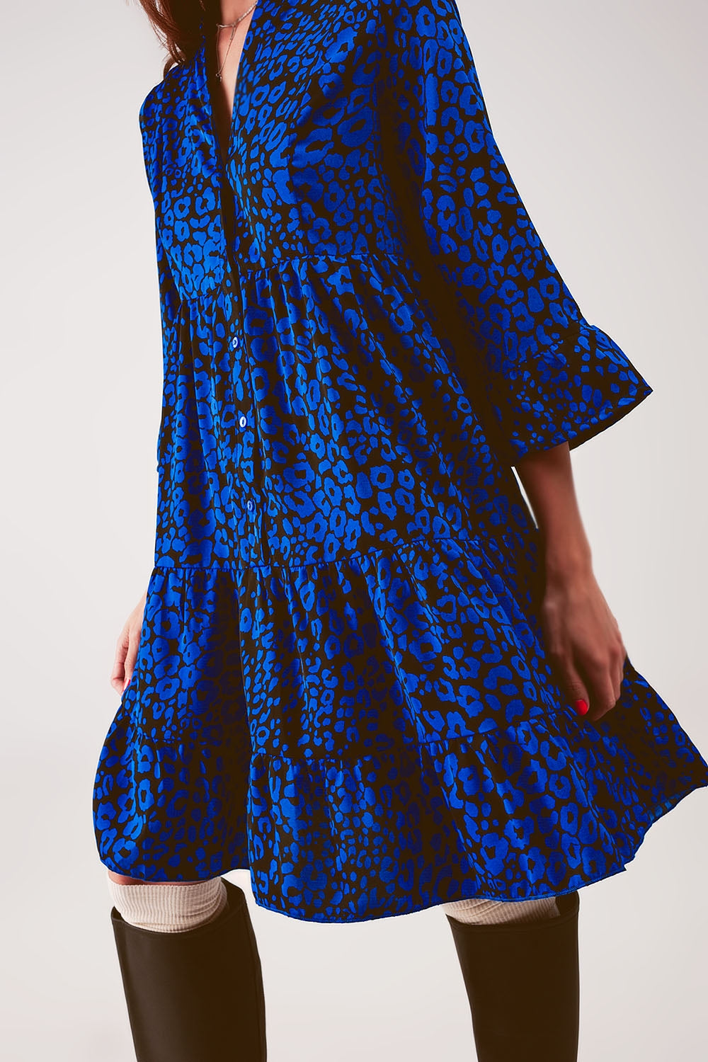 Tiered Smock Mini Dress in Blue Animal Print