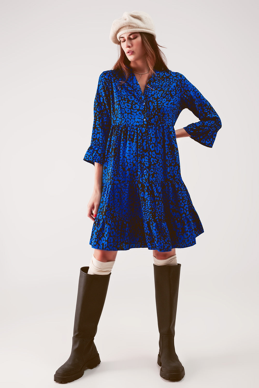 Tiered Smock Mini Dress in Blue Animal Print