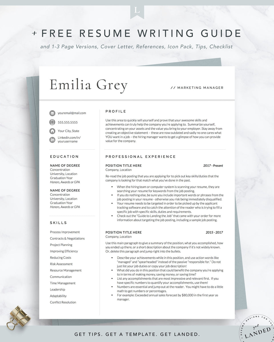 Modern Resume Template Professional Cv Template The Emilia Grey Get Landed