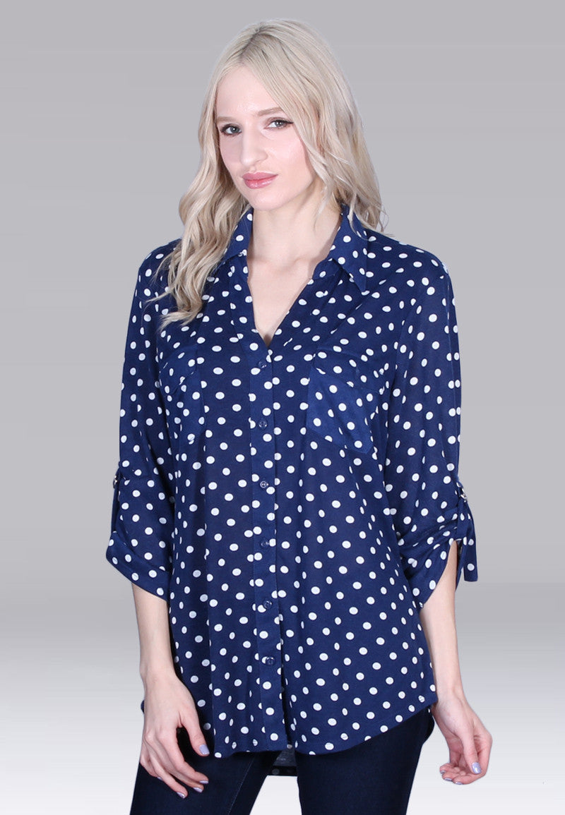 navy polka dot blouse