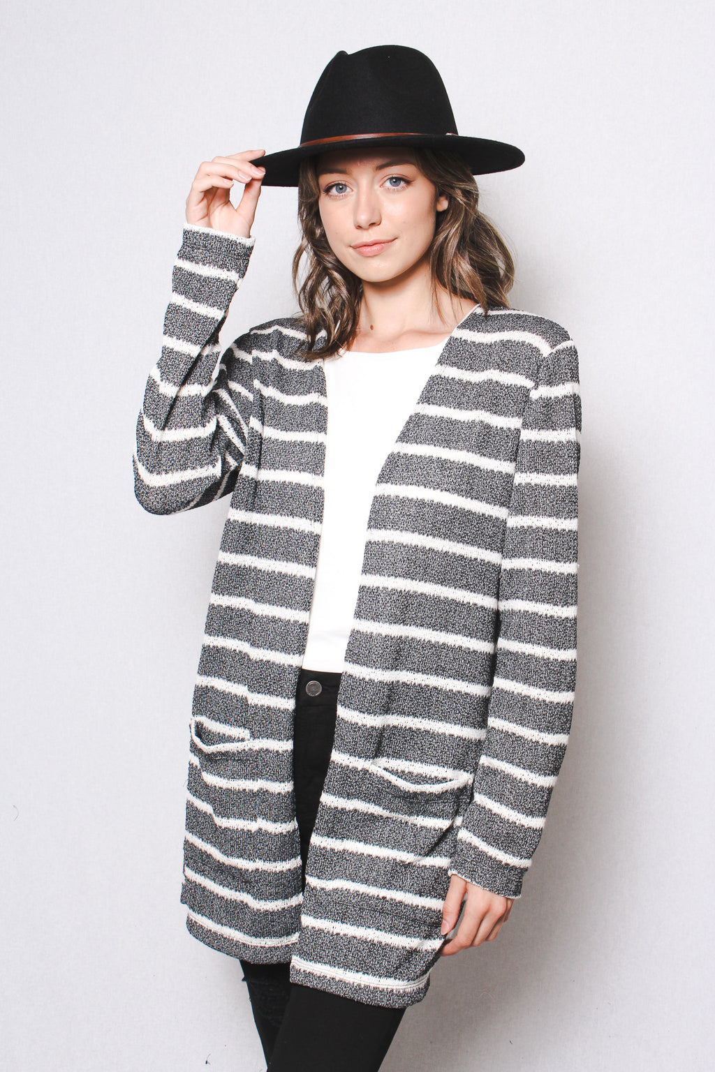Women's Long Sleeve Open Front Stripes Cardigan with Pockets