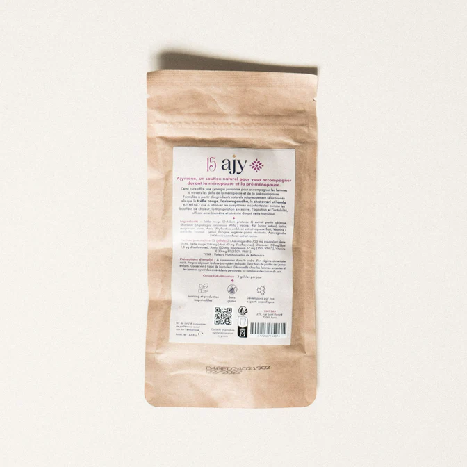 Brown paper package with product information label for 'ajy' on a white background.