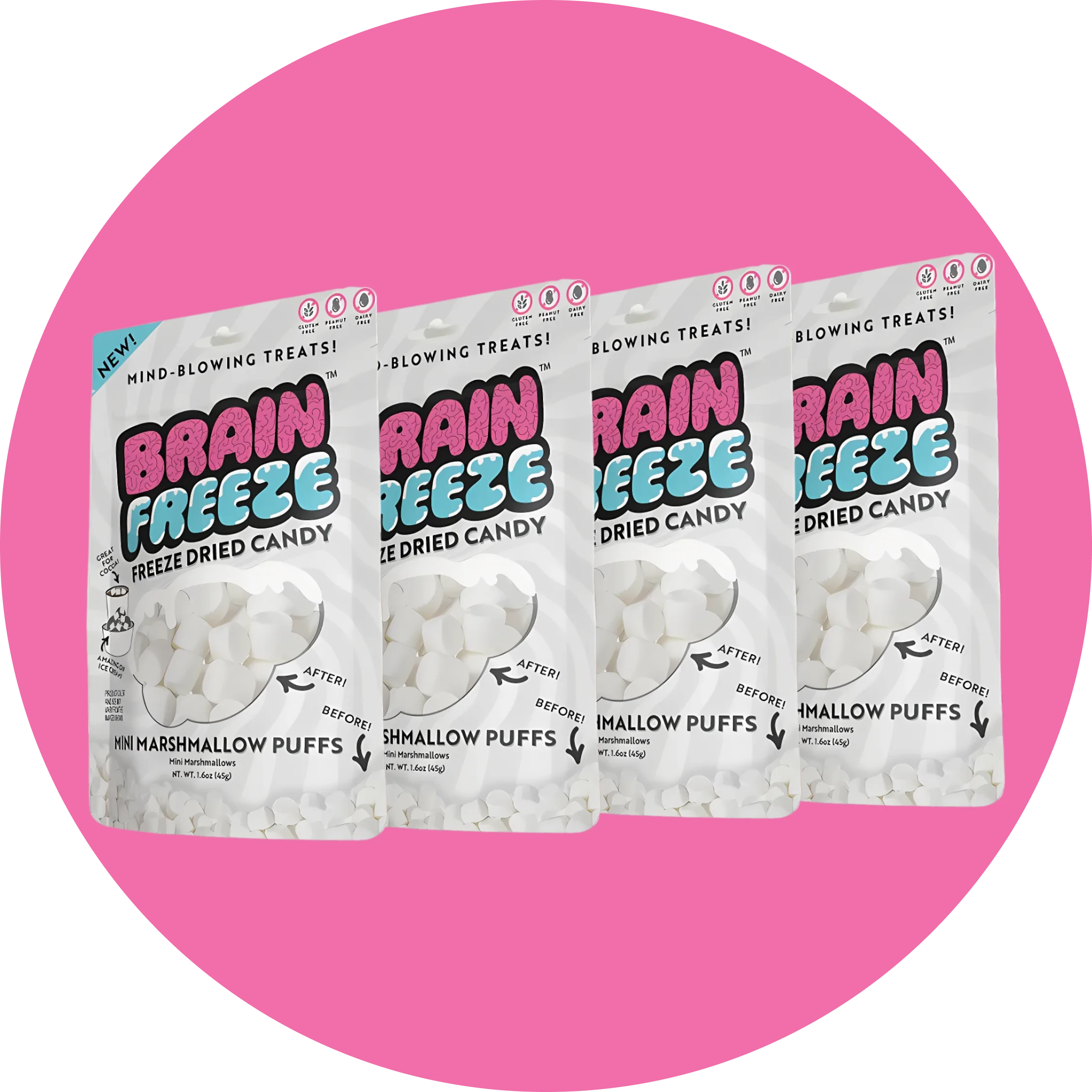 Four packs of Brain Freeze freeze-dried mini marshmallow puffs on a pink background.