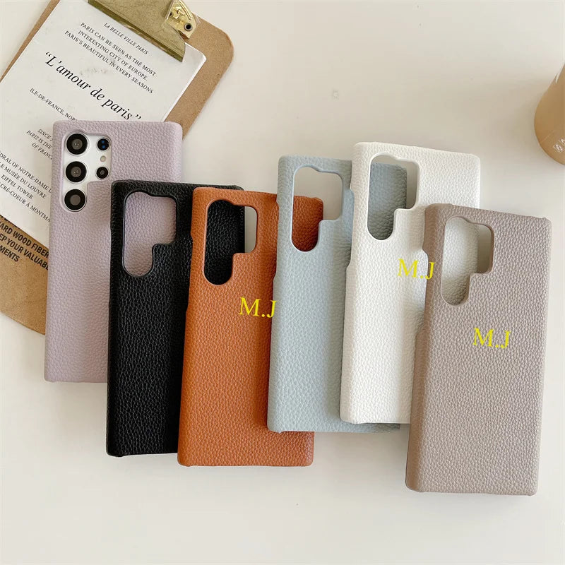 Phone Case for Samsung s23 s22 s24 ultra s21 plus s20 s10p Personalize Customize Name Letter Grain Leather Cases