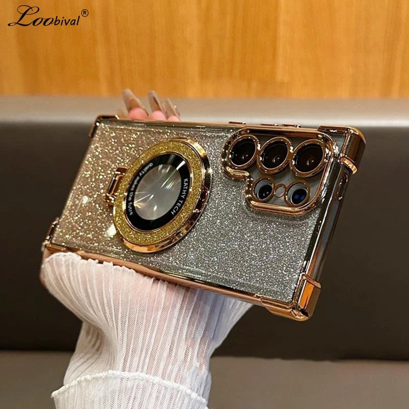 for Magsafe Glitter Bracket Case for Samsung Galaxy S24 Ultra S23 FE S22 Plus Note 20 Stand Holder Gradient Plating Bling Cover