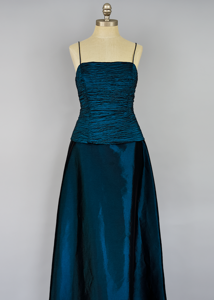 Vintage 90s Prom Dress | 1990s Long Fit and Flare Teal Taffeta Evening ...