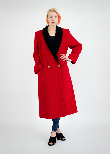 Vintage 1980's London Fog Long Red Wool Coat with Black Velvet Trim (M ...