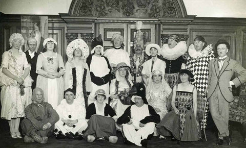 A portrait of the 'Rowett party' prior to the Chelsea Club Arts Ball on Feb 7 1923. John Rowett is the figure in the centre, back row. Dr Leonard Hussey is front row far left, Frank Wild is - dressed as a penguin! - front row far right.