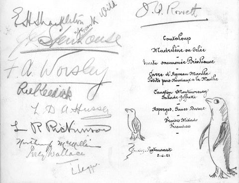The Savoy Menu signed by Shackleton, Rowett et al confirming the expedition will go to the Antarctic and not the Arctic