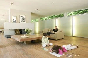 A zero-VOC oil finish on a hardwood floor where children are playing