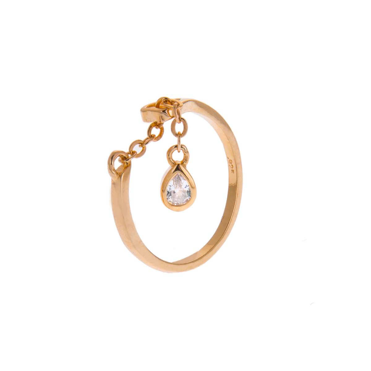 Yellow Gold Dipped Sterling Silver Teardrop Clear CZ Chain Drop Dangle Adjustable Ring