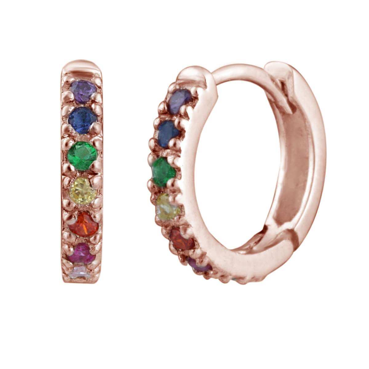Rose Gold Dipped Sterling Silver & Rainbow Crystal Huggie Hoop Earrings