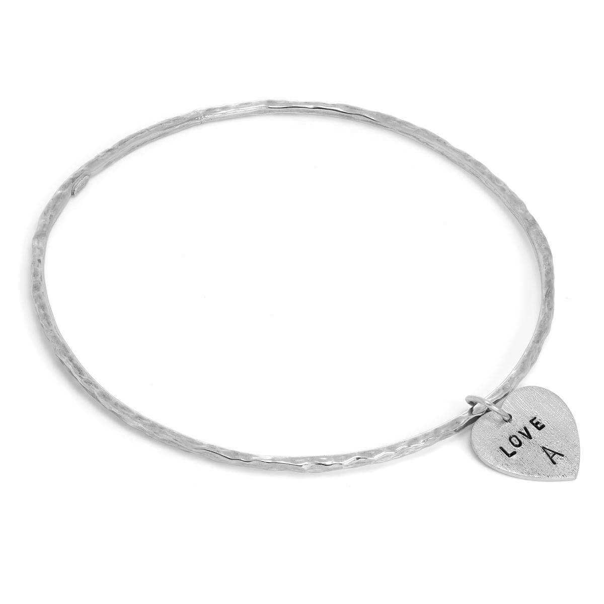 Sterling Silver Hammered Bangle with Hand Stamped Textured Heart Charm