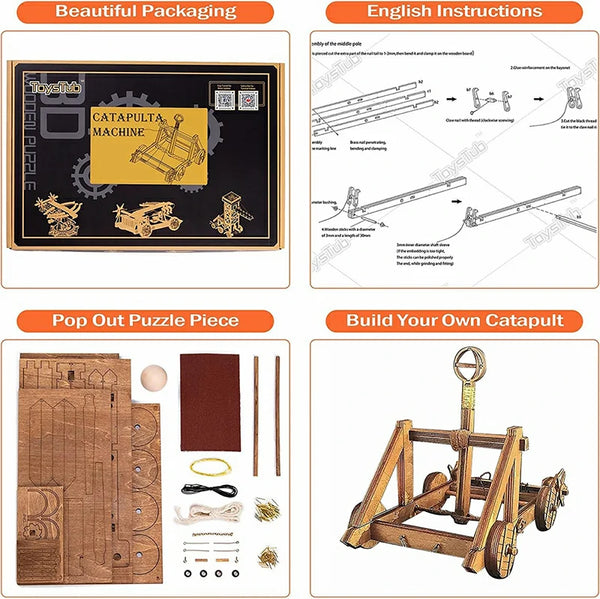 4 sections display, product package, english instruction, parts, and the whole finished item