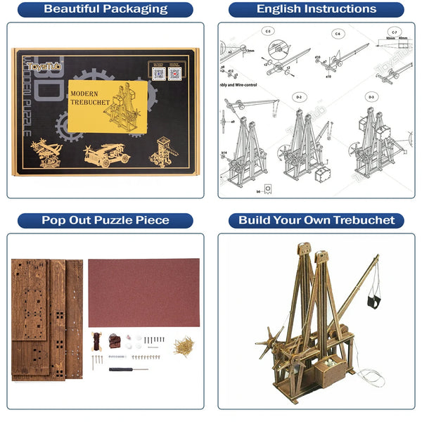 4 sections display, product package, english instruction, parts, and the whole finished item