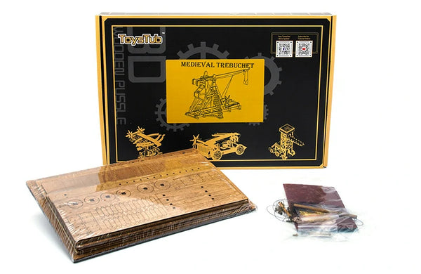 Medieval Trebuchet box, wooden parts boards and tools