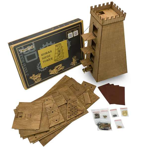 Roman Siege Tower finished model, box, and wooden parts boards