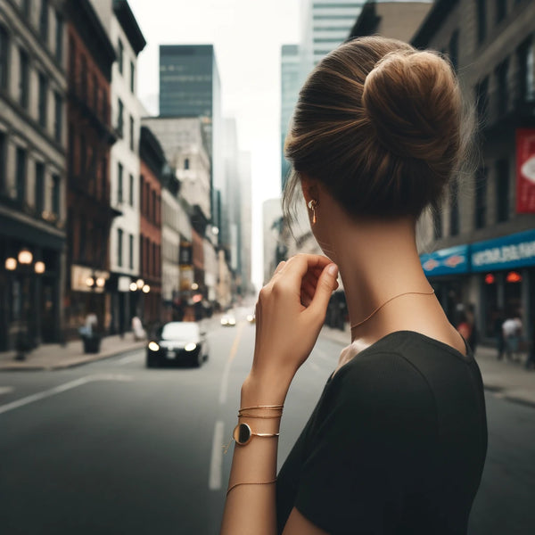 Stylish woman walking down a bustling city street, showcasing a minimalist gold jewelry look, in a scene that captures the essence of urban elegance in Montreal.