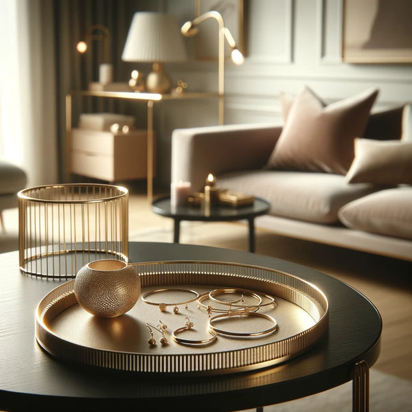 Minimalist gold jewelry elegantly displayed on a decorative plate, placed on a side table within a stylish living room setting