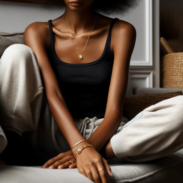 A casual and relaxed scene of a Black woman lounging on a living room couch, visible only from the neck down, showcasing minimalist gold jewelry. She is wearing delicate gold bracelets and rings, contributing to a stylish yet laid-back aesthetic