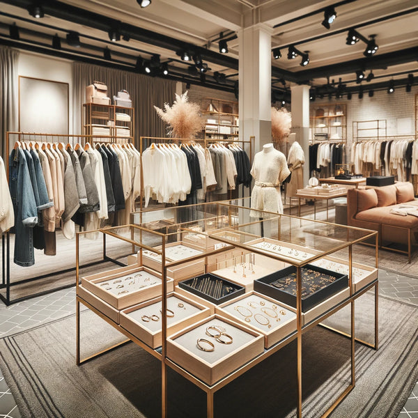 Interior view of a stylish boutique featuring racks of fashionable clothing and elegant display cases displaying minimalist gold jewelry, reflecting a chic urban boutique ambiance