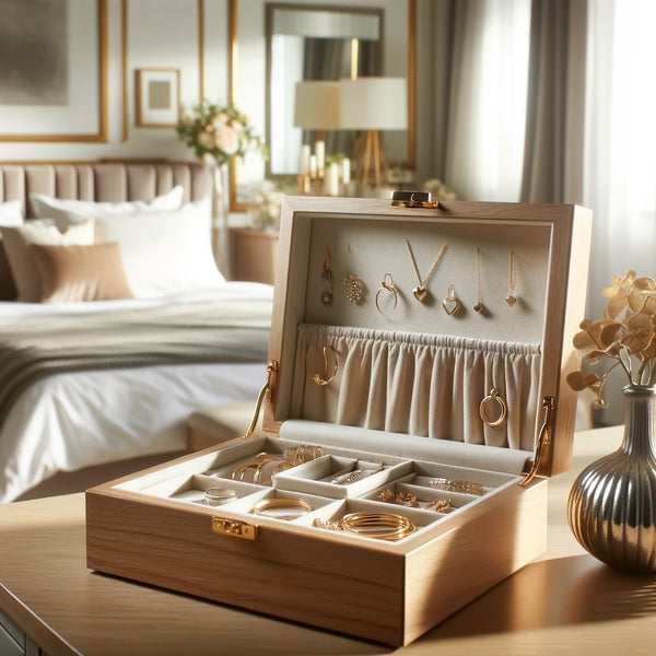A luxurious and elegant bedroom scene showcasing a beautifully crafted jewelry box filled with minimalist gold and silver jewelry, positioned on a dresser. Soft morning light accentuates the refined details of the jewelry box and its contents, set against a backdrop of modern bedroom decor with a mirror and fresh flowers
