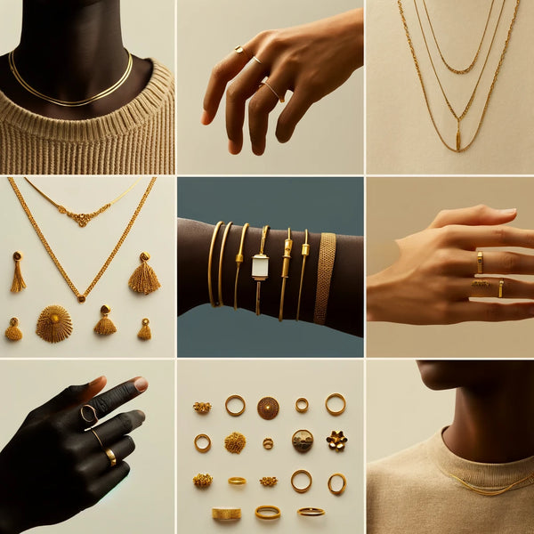 Collage depicting various stylish ways to wear gold jewelry, featuring a range of skin tones and jewelry styles, from elegant necklaces to statement bracelets and rings, showcasing the versatility and timeless appeal of gold accessories.