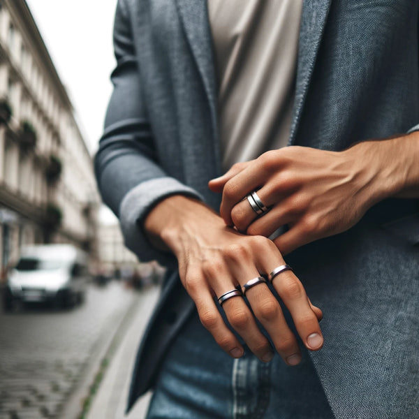 Stylish young man in a casual city setting, showcasing minimalist silver rings, exuding a modern and urban vibe