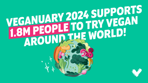 Graphic promoting Veganuary 2024 with the message 'Veganuary 2024 supports 1.8M people to try vegan around the world!' featuring a vibrant illustration of the Earth adorned with fruits and vegetables