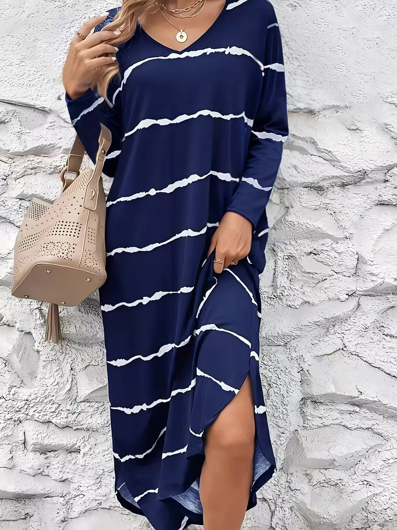 Striped V-Neck Long Sleeve Dress