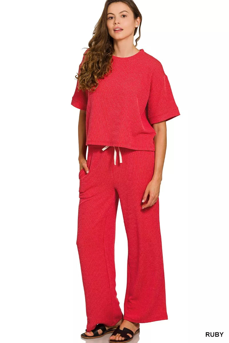 Zenana Raised Rib Short Sleeve Tee & Pants Set