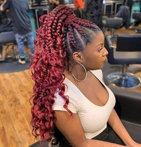 Burgundy Cornrows into a Ponytail with Curly Ends