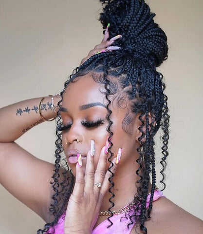 Boho Box Braids Updo with Flowing Curls