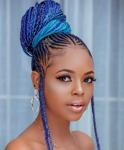 bright blue fulani braids updo