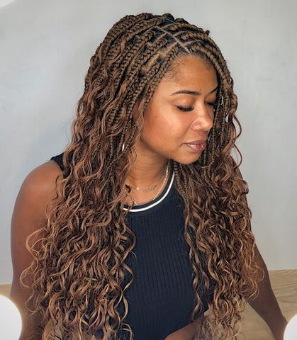Chestnut Brown Medium Box Braids with Curly Ends