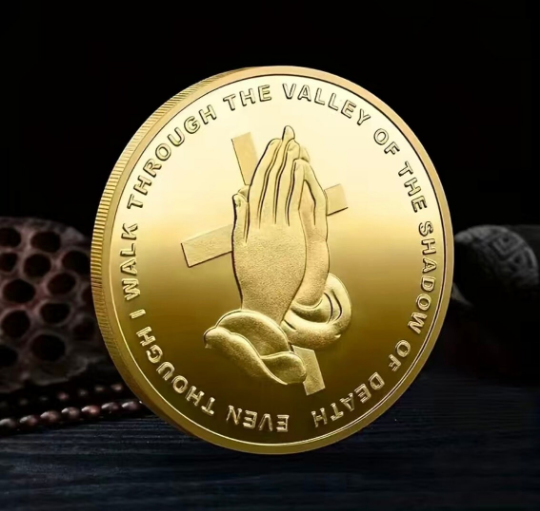 Psalm 23:4 coin, Praying hands and cross coin, gift for someone in dangerous in dangerous job