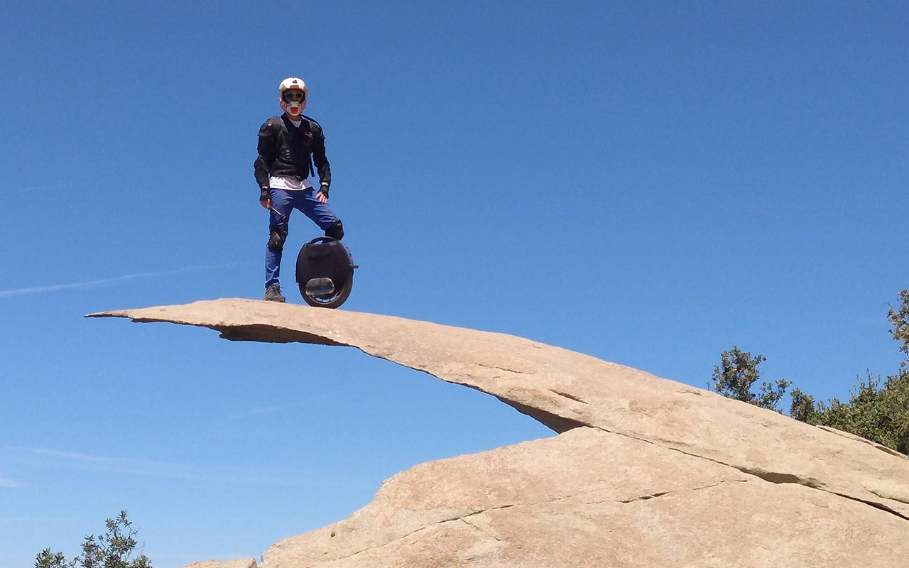 Pictures of electric unicycles tackling various terrains – city parks, dirt trails, and more