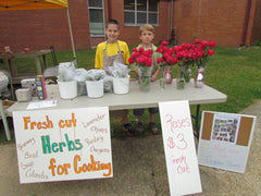 Two male students at a white plastic table selling herbs and red roses.