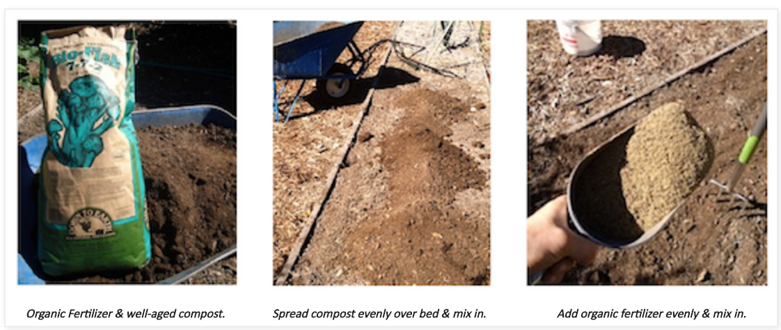 Picture 1: Organic fertilizer and well aged compost. Picture 2: Compost being spread evenly over garden bed. Picture 3: Organic fertilizer being mixed into garden bed.