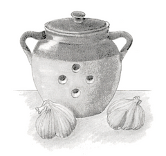 ceramic garlic pot with heads of garlic next to it illustration