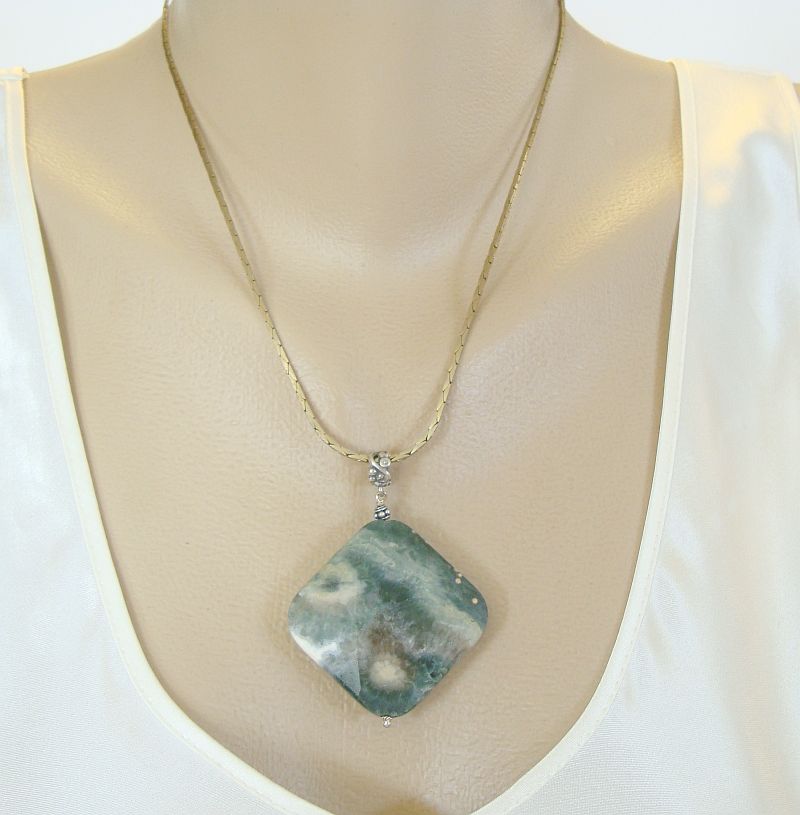 Moss Agate Pendant Necklace Sterling Silver Bail Jewelry – Sharon's