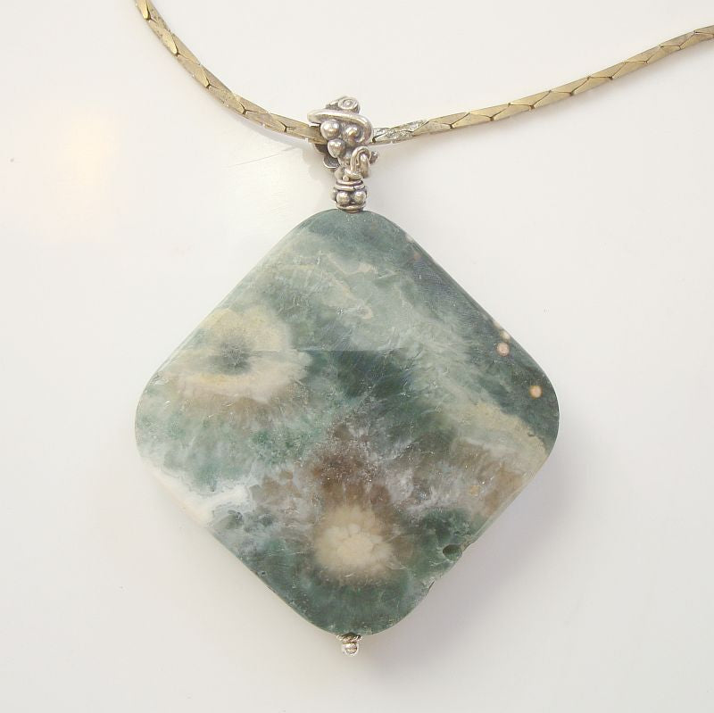 Moss Agate Pendant Necklace Sterling Silver Bail Gemstone Jewelry