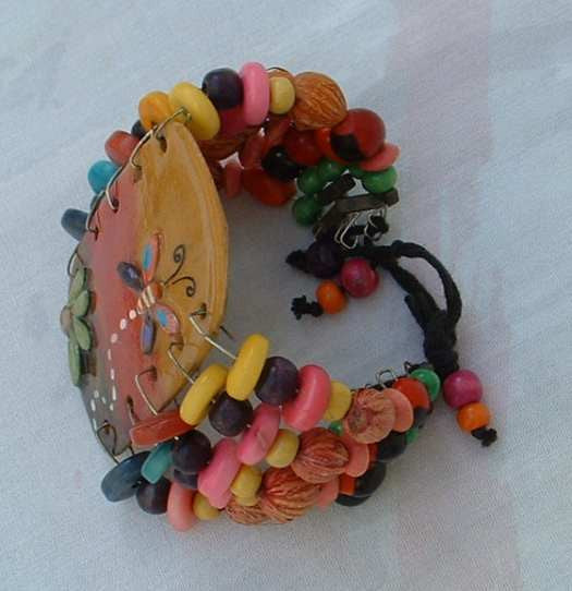 Nicaraguan Coconut Shell Bracelet Wide Butterfly Flower Hand Painted J ...